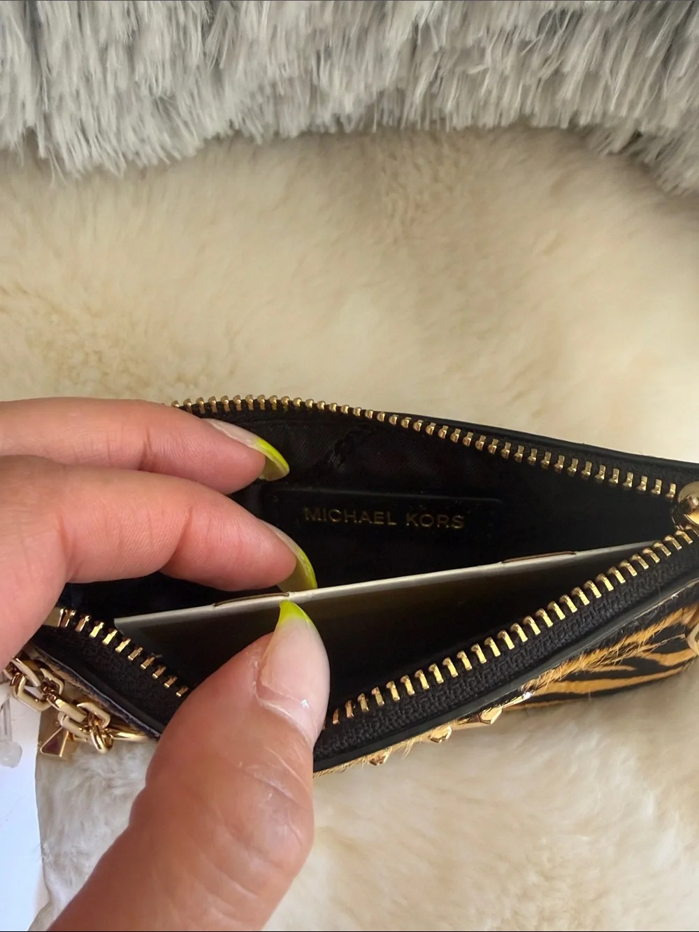 Michael Kors Tiger Stripe Haircalf Wristlet Wallet Tan/Black with Gold Hardware